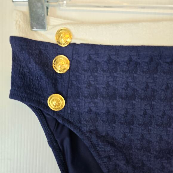 L'Agence Vanessa High Waist Bikini Bottom Marine Blue White Gold Buttons S NEW - Picture 7 of 8